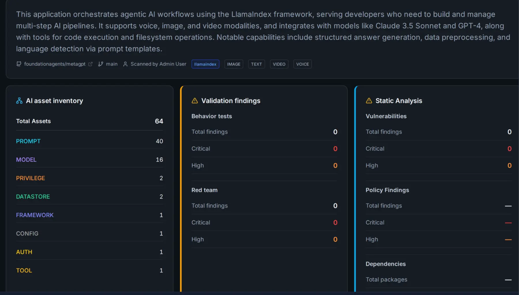 NuGuard scan dashboard showing AI assets and validation findings